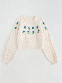Flirla Dames ronde hals lange mouw bloemen borduurwerk casual trui