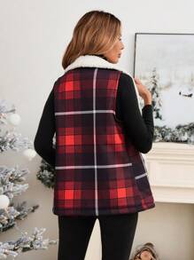 SHEIN LUNE Christmas Red Plaid Flannel Padded Vest For Women, Winter Christmas Outfits Christmas Vacation Teddy Coat Thanksgiving Outfit Holiday Outfits New Years Outfit