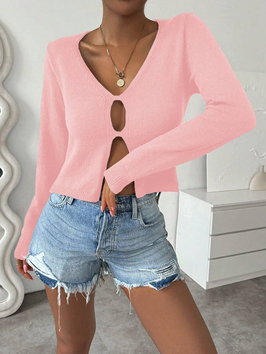 SHEIN Unity Women Casual Solid V-Neck Long Sleeve Sweater Knit Pullover Fall Winter - Pink - View 1