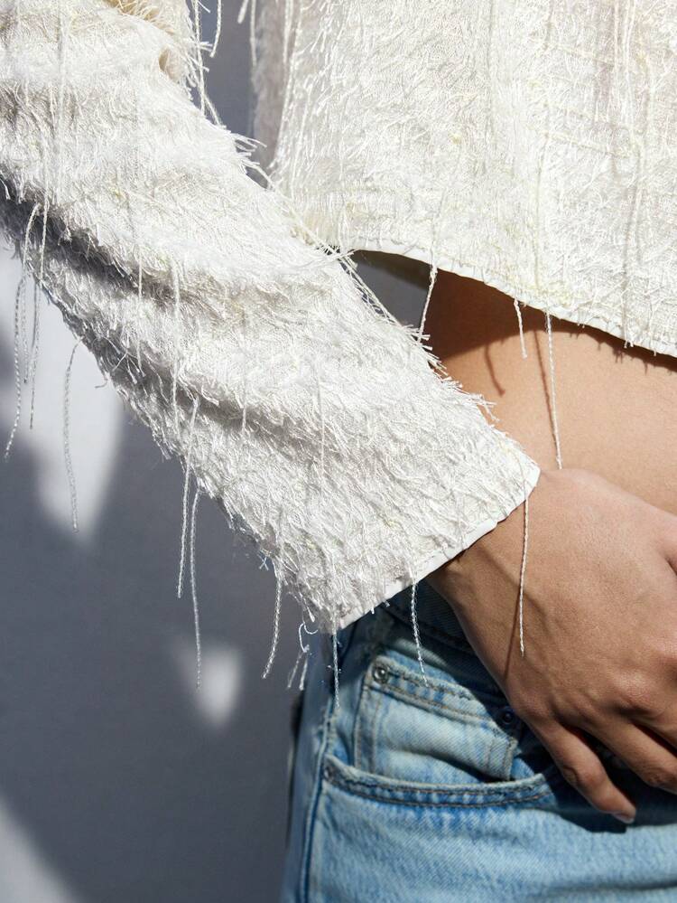 SHEIN Maija Women's White Round Neck Loose Solid Color Fringe Trim Long Sleeve Blouse Top, Fashionable Urban Party Holiday Wear, Early Spring