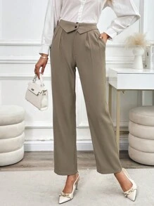 SHEIN Clasi Elastic Waist Straight Leg Trousers For Women, High-Waisted Casual Wide Leg Pants For Spring & Autumn