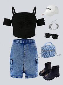 SHEIN Explorewe 嬰兒女寶寶上衣+牛仔裙套裝，2件裝 - 黑色 - 查看 3