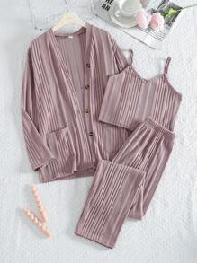 3pcs/Set Teenage Girls Jacquard Vertically Ribbed Long Sleeve Top And Pants Camisole Loungewear Set, Light Pink
