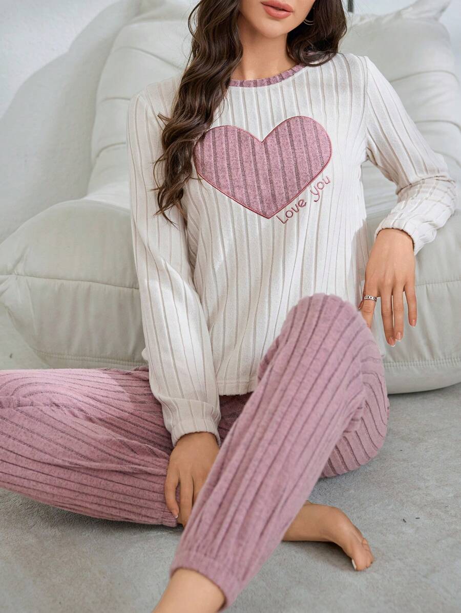 2pcs Soft Fleece Sweet Heart Embroidery Top & Pants Pajama Set, Autumn/Winter  Cozy And Elegant Details, Fall Winter Clothes