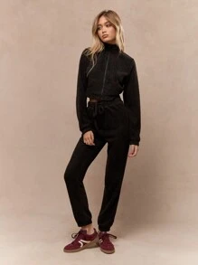 MISSGUIDED Zip Through Collar Full Sleeve Crop Top With Slim Elastic Waist Jogger Cozy 2 Piece Sweater Loungewear Set