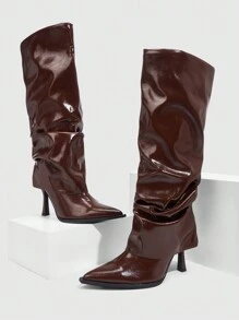 CUCCOO SZL 性感时尚褶皱筒身咖啡色尖头侧拉链女士过膝长靴 - 咖啡棕 - 查看 2