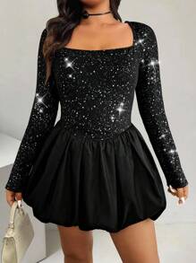 Allurite Vestido con volantes y parches brillantes, con estilo para el otoño, talla grande - Negro - Ver 4