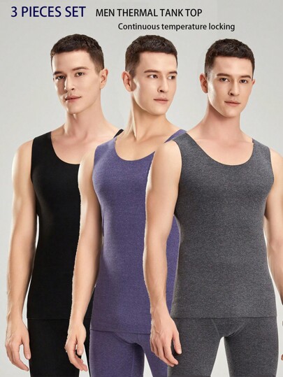 3pcs/Set Men's Solid Color Round Neck Slim Fit Base Layer Thermal Vest