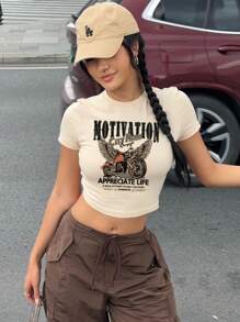 Attitoon Set de 3 camisetas de manga corta, cuello redondo, ajustadas, cortas, con estampados de motocicleta con alas, coche retro y vintage, adecuadas para el verano, para mujer