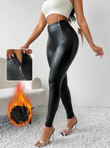 SHEIN Lady Pantalon unicolore taille haute à fermeture éclair et pantalons pour femmes, pantalon slim noir et pantalon pour Homecoming - Noir - Voir 1