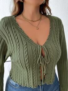 SHEIN Clasi Plus Size Women's Solid Color Cable Knit Wave Hem Tie Front Cropped Cardigan Sweater, Autumn/Winter - Army Green - View 2