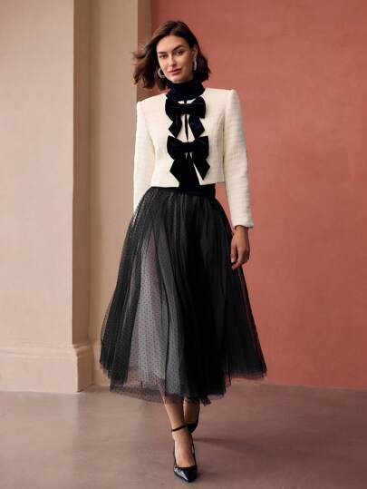 MOTF PREMIUM 网眼波点印花百褶裙优雅中长款层叠裙冬季