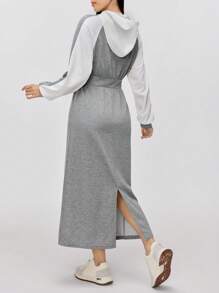 Mulvari 2024 Fall New Casual Color Blocking Long Sleeve Cinched Waist Hoodie Dress For Women Pullover - Dark Grey - View 2