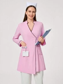 TaskEZ Contrast Binding V-Neck With Pocket Long Sleeve Nurse Dress