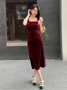 DAZY 女士丝绒中长款派对连衣裙，秋冬优雅婚礼女装红色女装圣诞鸡尾酒会礼服 - 酒紅色 - 查看 4