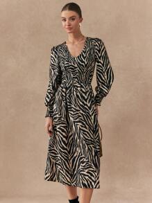 Chiquease Robe décontractée à manches lanternes à imprimé zébré pour femmes, automne - Multicolore - Voir 6
