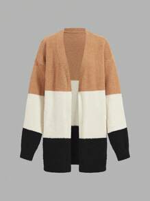 SHEIN Lady Women's Black And Cream Fuzzy Sweater Cardigan,Contrast Color Wide Stripe Long Sleeve Casual Commuting Outfits For Autumn,Winter Occasion Clothes - Multicolor - View 8