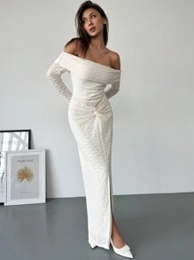 Aloruh Rochie de damă cu mânecă lungă, cu talie cu noduri, din material texturizat - alb - Vizualizare 5