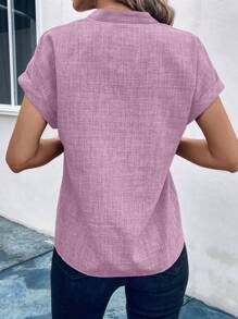 SHEIN Clasi 女士休闲纯色缺口领蝙蝠袖宽松衬衫，夏季 - 粉色 - 查看 2