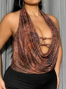 SHEIN ICON Plus Size Women's Leopard Print Halter Cowl Collar Tank Top - Multicolor - View 2