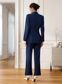 Modelyn Women's Navy Blue Patchwork Leopard Jacquard Suit Set, Professional And Chic, Autumn/Winter 2 Pieces Set