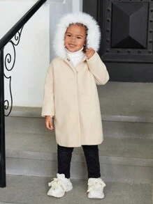 SHEIN 女童宽松休闲连帽外套，带毛绒拼接 - 卡其色 - 查看 5