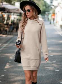 SHEIN LUNE Áo nỉ ngắn tay dài cổ đứng màu trơn họa tiết thường ngày cho nữ, thích hợp mặc hàng ngày vào mùa thu/đông - Màu be - Xem 6