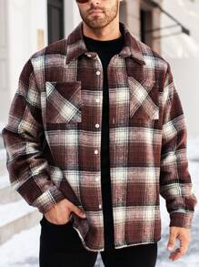 Manfinity Homme Plus Size Men's Front Button Long Sleeve Pocket Plaid Casual Overcoat, Fall Clothes