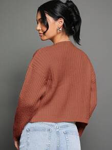 WESTFADE Spring Cable Knit Crewneck Button Front Long Sleeve Cardigan Sweater - Red Violet - View 2