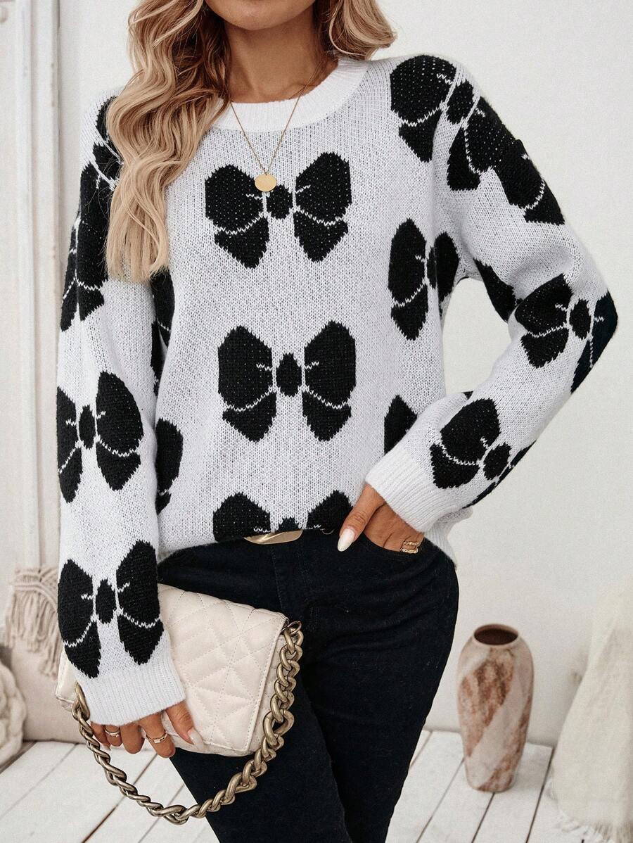 SHEIN LUNE Women Casual Simple French Style Bow Pattern Long Sleeve Sweater Knit Pullover Fall Winter - White - View 1