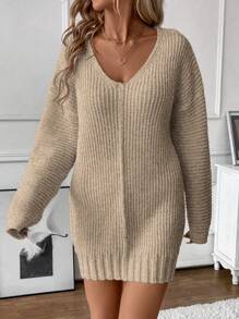 EMERY ROSE Oversized V-Neck Knit Sweater Dress, Casual Loose European & American Style Solid Color Pullover, New Design Fall Winter Cloth For Women - Khaki - View 4