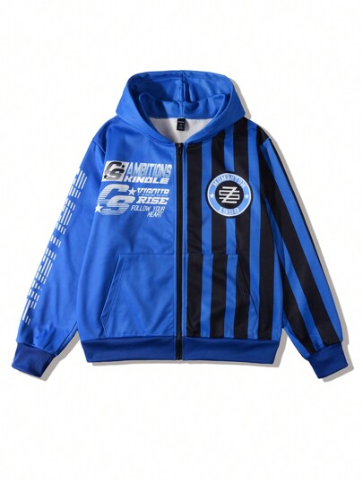 Street Life Sweat-shirt à capuche zippé à manches longues pour hommes, avec imprimé rayures et lettres appliqué