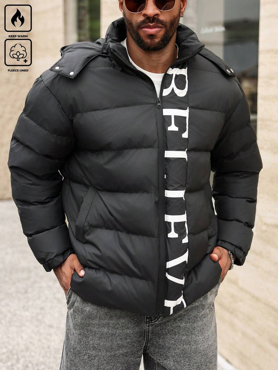 Manfinity Homme Plus Size Men's Long Sleeve Letter Printed Front Zip Up Hooded Padded Coat, Going Out Bubble Coat Black Letter Winter Coat, For Friends, Husband, Boyfriend Gifts - Black - View 1