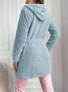 RueChic 1pc Cat Embroidery Hooded Belted Flannel Robe - Teal Blue - View 2