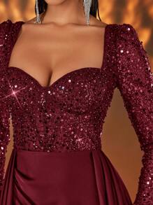 Glamrae Elegant Red Luxurious Sequin Patchwork Satin See-Through Long Sleeve Front Bra-Cup Boned Mermaid High Slit Backpiece Draped Maxi Evening Gown, Long Sleeve Formal Prom Dress, For Wedding Guest, Graduation, Dinner, Party Dress