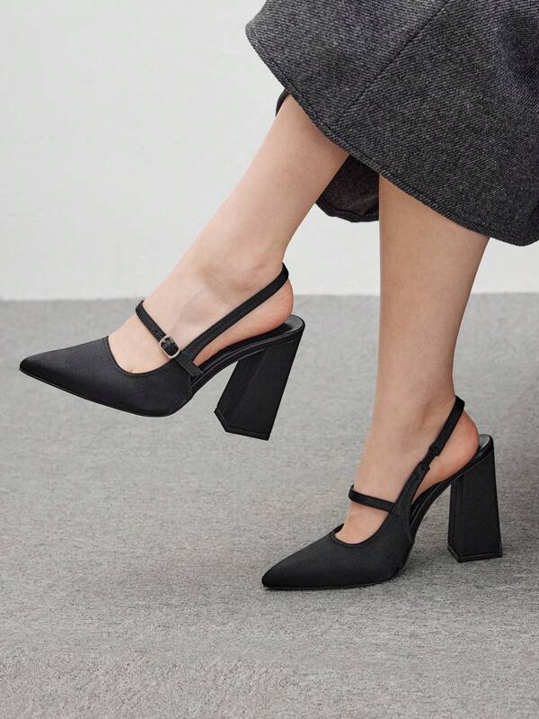 CUCCOO BIZCHIC Women's Basic Simple Black Pointed Toe Chunky Heel Strap Pumps Spring Shoes Spring Break Easter