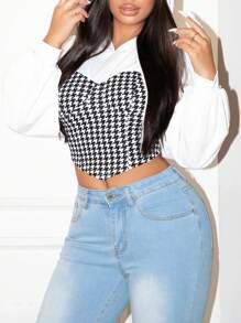 Zolique Women Casual Patchwork Houndstooth Print Hoodie Sweatshirt, Autumn Pullover Fall Outfit