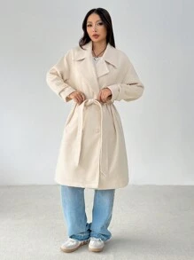 SHEIN PETITE 女士纯色前扣长袖口袋基本款夹克，休闲日常穿着 - 米色 - 查看 3