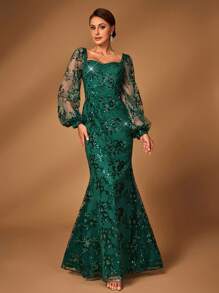Serin Elegant Luxury Emerald Green Sheer Long Sleeve Embroidered Lace Sequin Mermaid Dress, Suitable For Wedding, Party, Vacation, Gala, Evening, Mother Of The Bride - Dark Green - View 1
