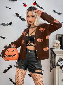 Chiquease Halloween Pumpkin V-Neck Drop Shoulder Long Sleeve Cardigan Fall Cloth For Women - Coffee Brown - View 3