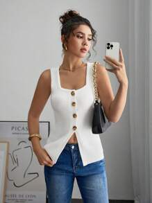 SHEIN Frenchy 女士休闲纯色方领单排扣修身针织背心 - 杏色 - 查看 5