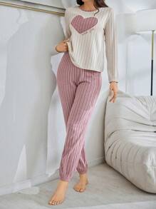 2pcs Soft Fleece Sweet Heart Embroidery Top & Pants Pajama Set, Autumn/Winter  Cozy And Elegant Details, Fall Winter Clothes