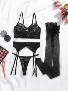SHEIN Floral Lace Underwire Garter Lingerie Set With 1pair Stocking - Black - View 5