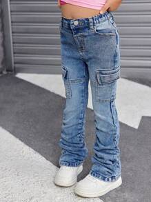 SHEIN SLAYR KIDS SLAYR KIDS Young Girls Blue Denim Elastic Ruched Jeans - Light Wash - View 3