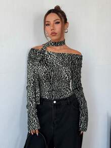 SHEIN Unity 新款露肩豹纹纹理 T 恤，秋冬款 - 彩色 - 查看 3