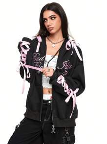 ROMWE Street Life Áo nỉ trùm đầu thêu logo màu khối cỡ lớn phong cách Y2K dành cho nữ - màu đen - Xem 7