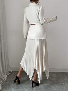 Selianne 2 件套女士西装外套领子收褶腰线纽扣式褶皱不对称优雅服装 - 米色 - 查看 2