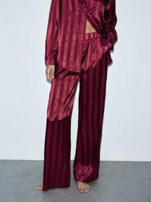 Maija Conjunto de 2 piezas de blusa holgada y pantalones de color marón sólido con rayas para mujer, camisa de manga larga con botones y pantalones, otoño/invierno