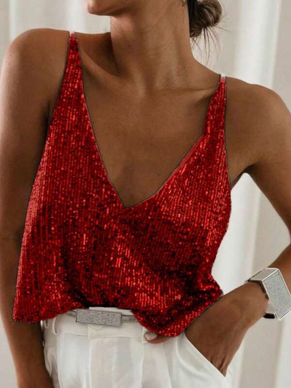 Calvaya Women's Solid Color Spaghetti Strap Simple French V-Neck Sequin Camisole For New Year Holiday Party Clothes