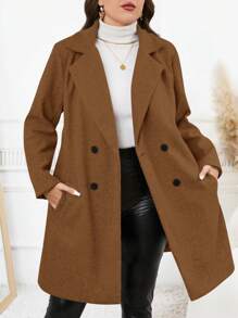 SHEIN Clasi Plus Women Lapel Neck Double Breasted Overcoat,Winter Clothes - Coffee Brown - View 1